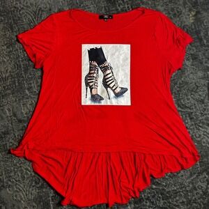 Y2K Red Glam Heels Graphic Top 2X High Low Tunic Party Girl Pearl Embellished T